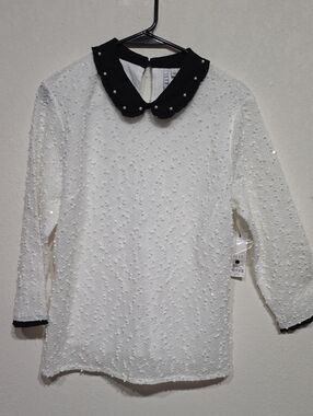 Elle Black Collar Sweater with White Body and Pearl Accents